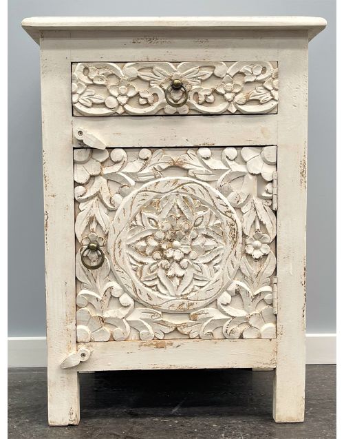 Hand Carved White Mandala French Country Bedside Nightstand Side Table